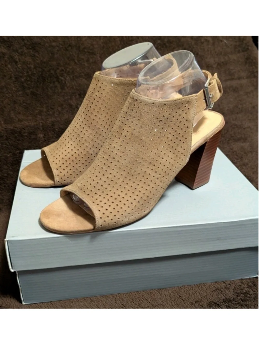 Adam Tucker Meridia-DS Peep Toe Block Heel Taupe Suede Size 10 N38 Women's Shoes